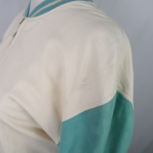 Vintage 90s Nancy Heller Cream and Turquoise Leather Bomber Jacket 2 - Picture 6 of 7